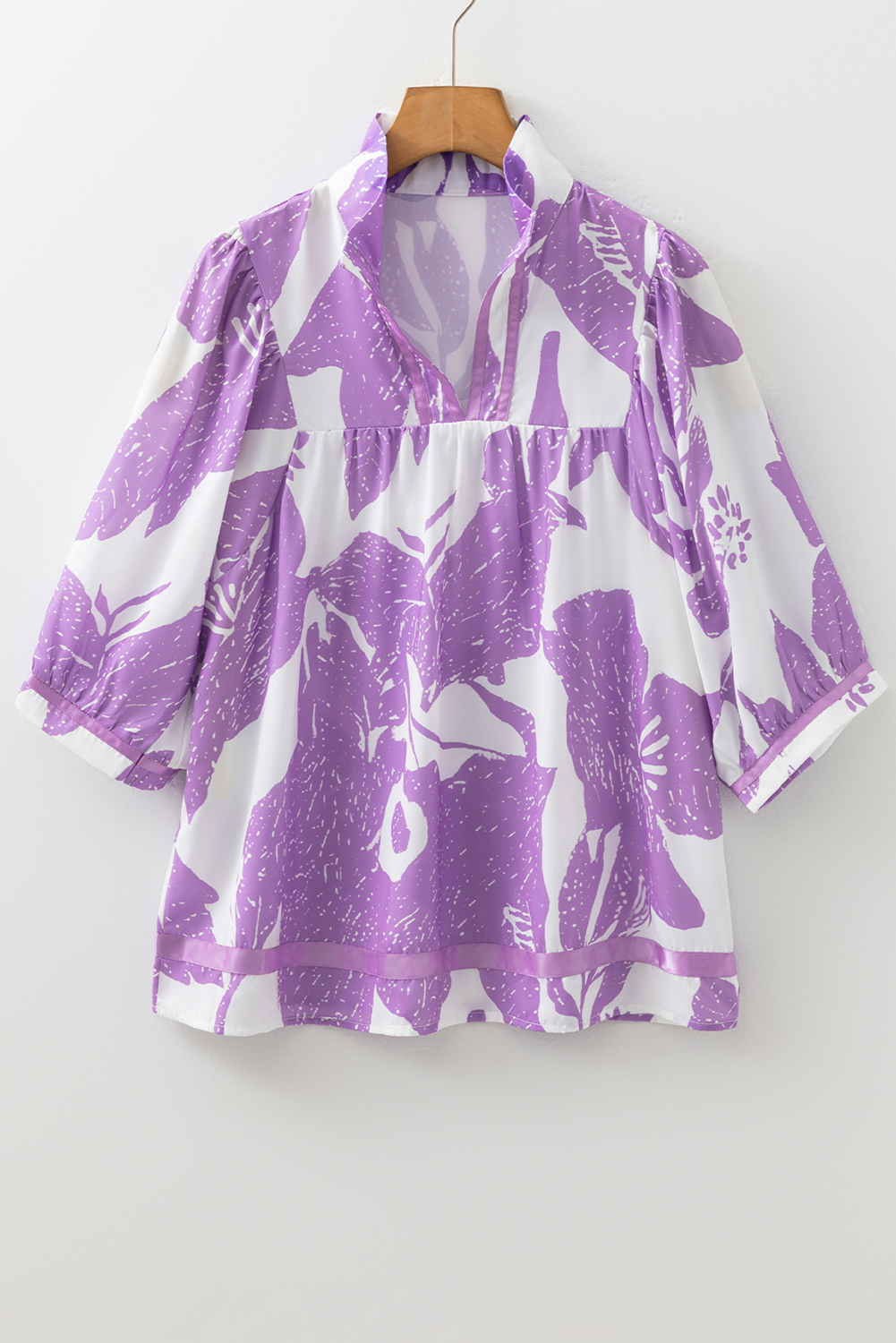 Purple Leafy Print 3/4 Sleeve Striped Trim Split Neck Blouse - loveforevers