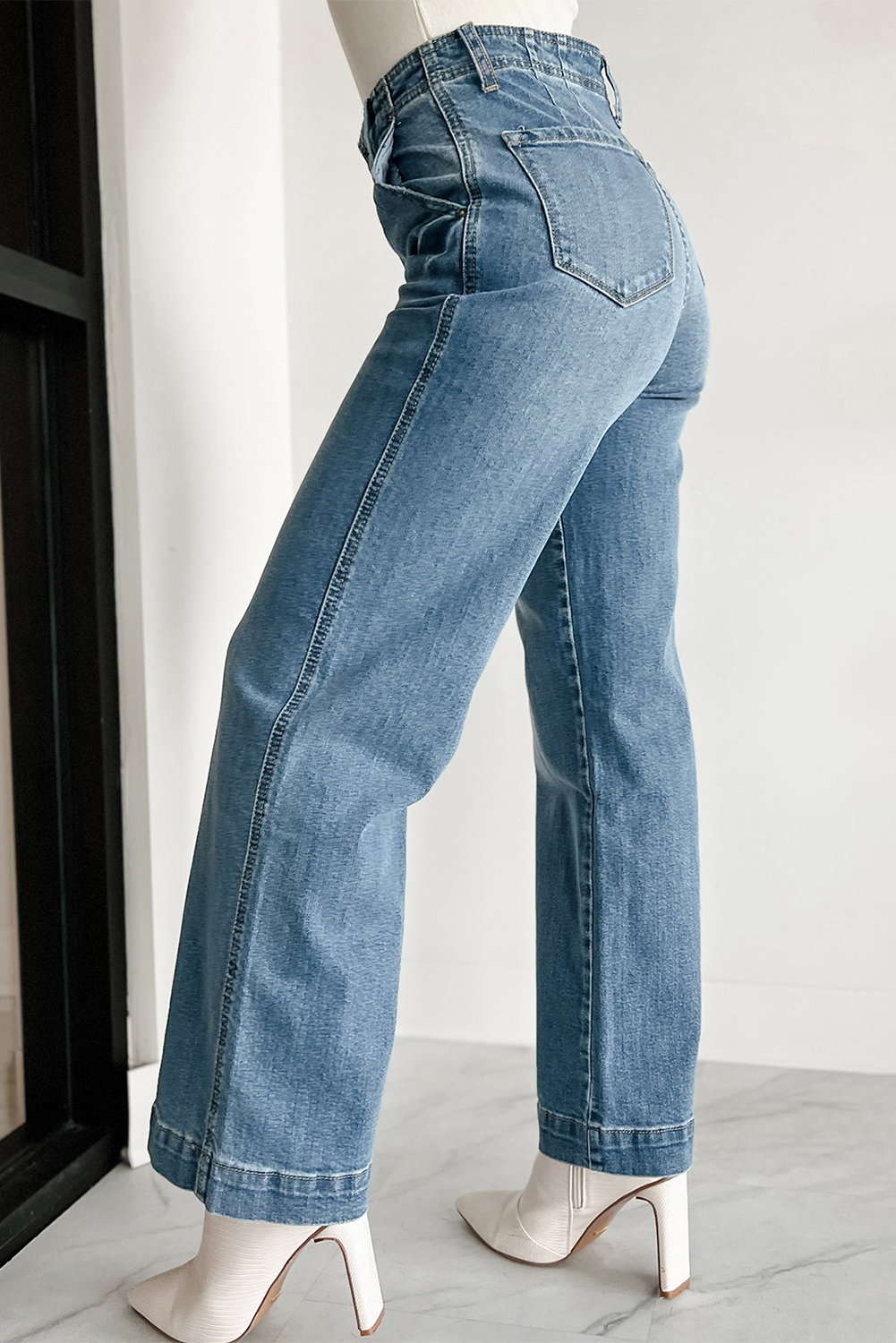 Dusk Blue Multi Buttons Medium Wash Straight Loose Leg Jeans - loveforevers
