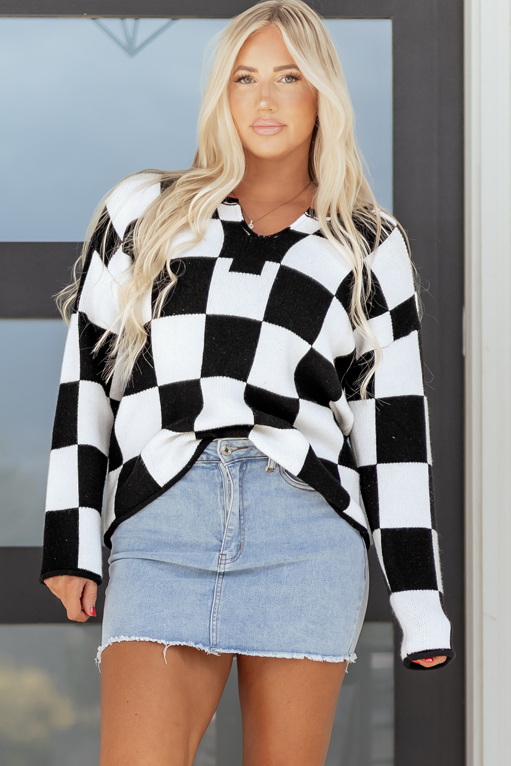 Black Checked Notched Neckline Drop Shoulder Knit Sweater - loveforevers