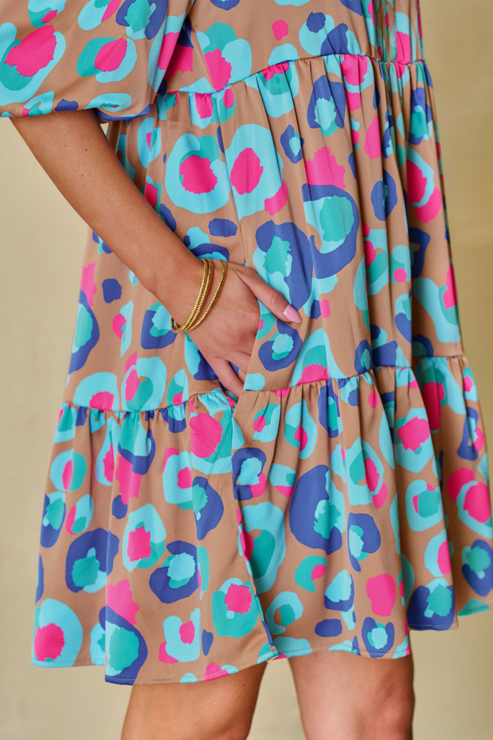Green Leopard Print Bubble Sleeve Slit Neck Ruffled Dress - loveforevers