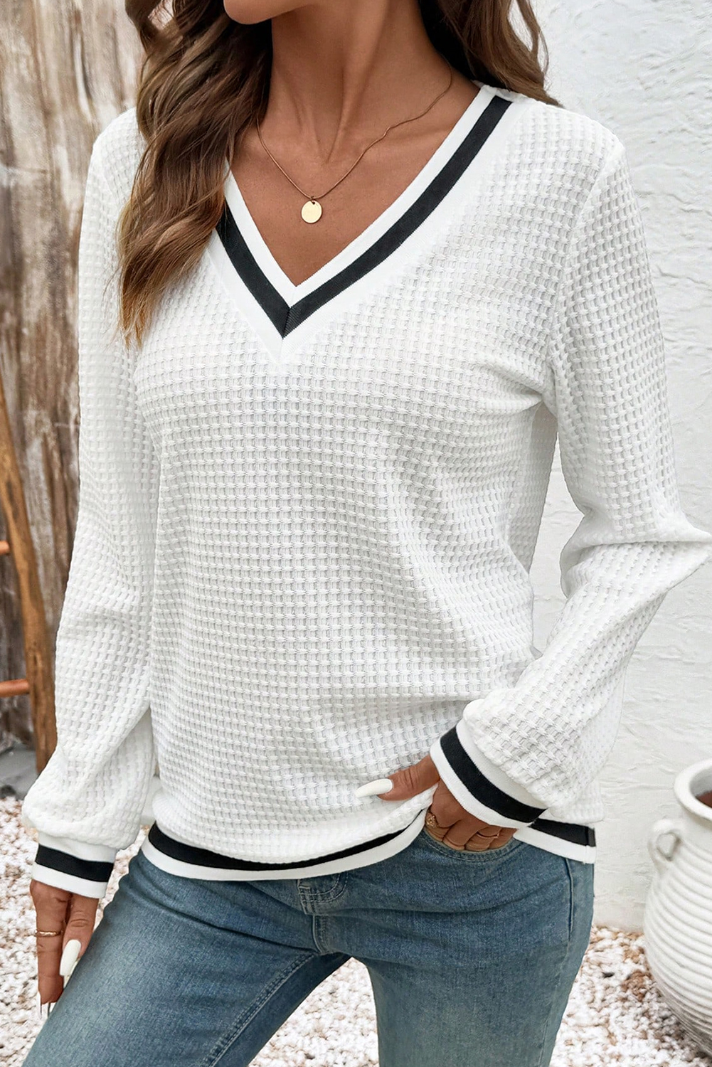 White Textured Knit Preppy Striped Trim V Neck Pullover Waffle Top - loveforevers
