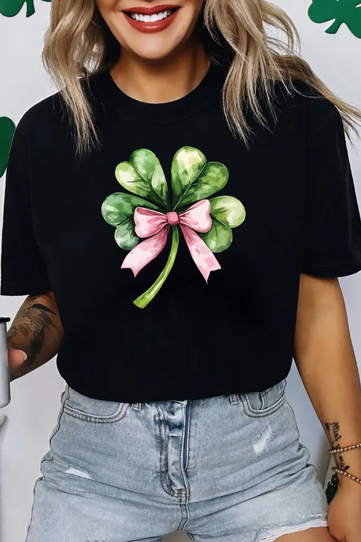 Black Cute Bow Knot Clover Printed Womens Casual Tee - loveforevers