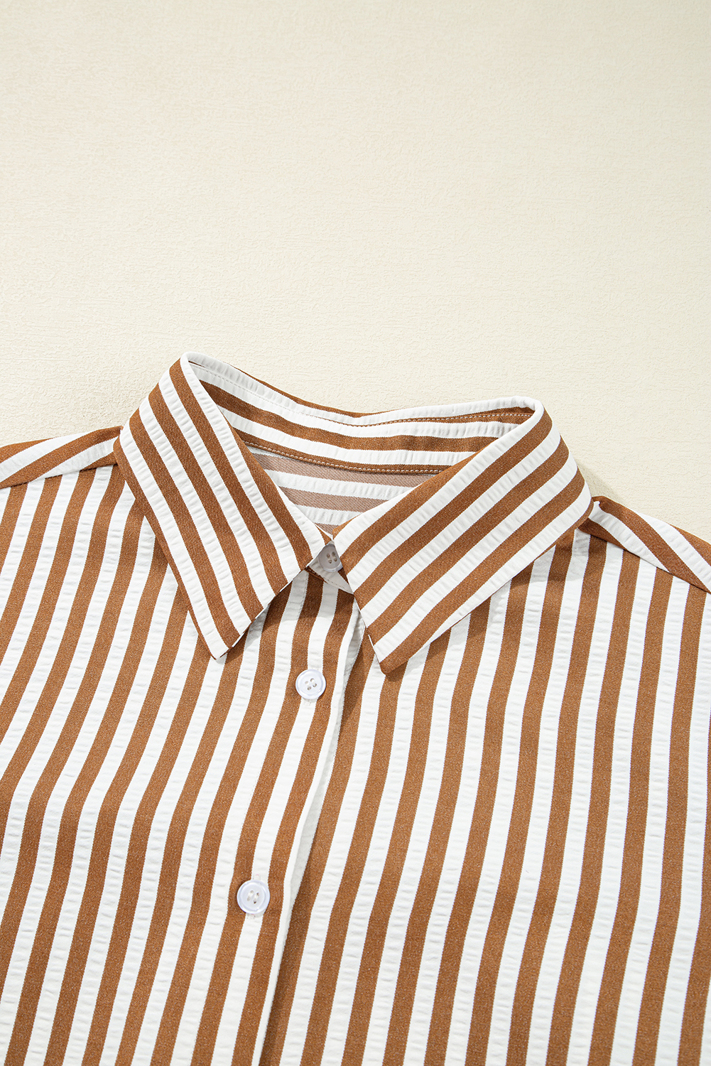 Brown Stripe Ruffled Hem Collared Long Sleeve Shirt Mini Dress - loveforevers