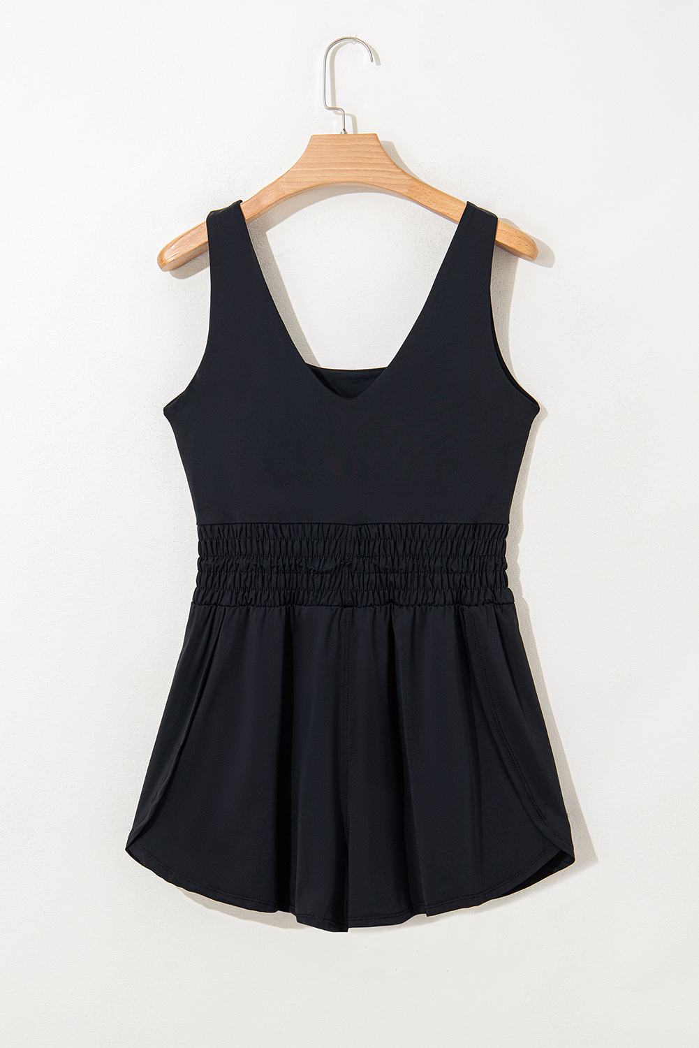 Black Plain Sleeveless Loop Drawstring Cinched Waist Romper - loveforevers
