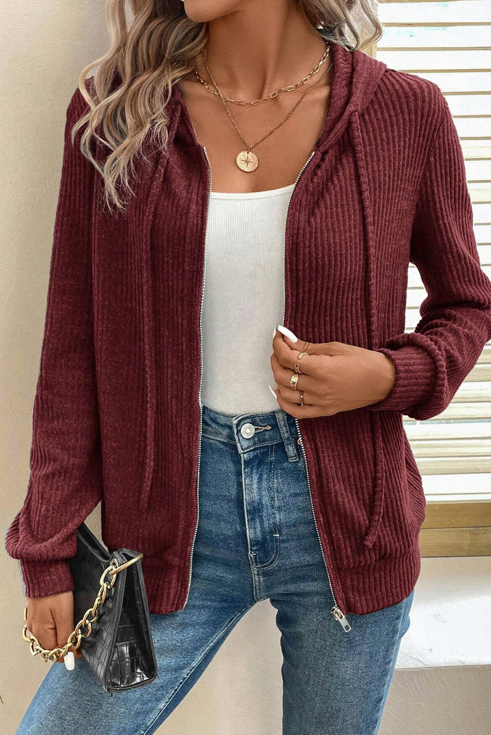 Dark Grey Ribbed Zip Up Front Drawstring Hoodie - loveforevers