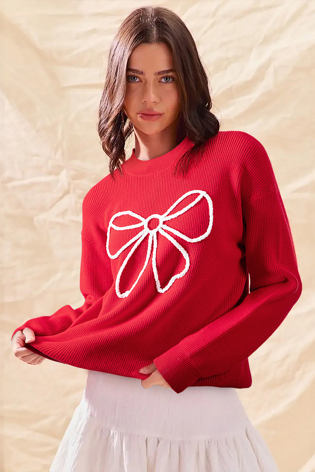 Fiery Red Bow Embroidered Graphic Ribbed Sweater Top - loveforevers