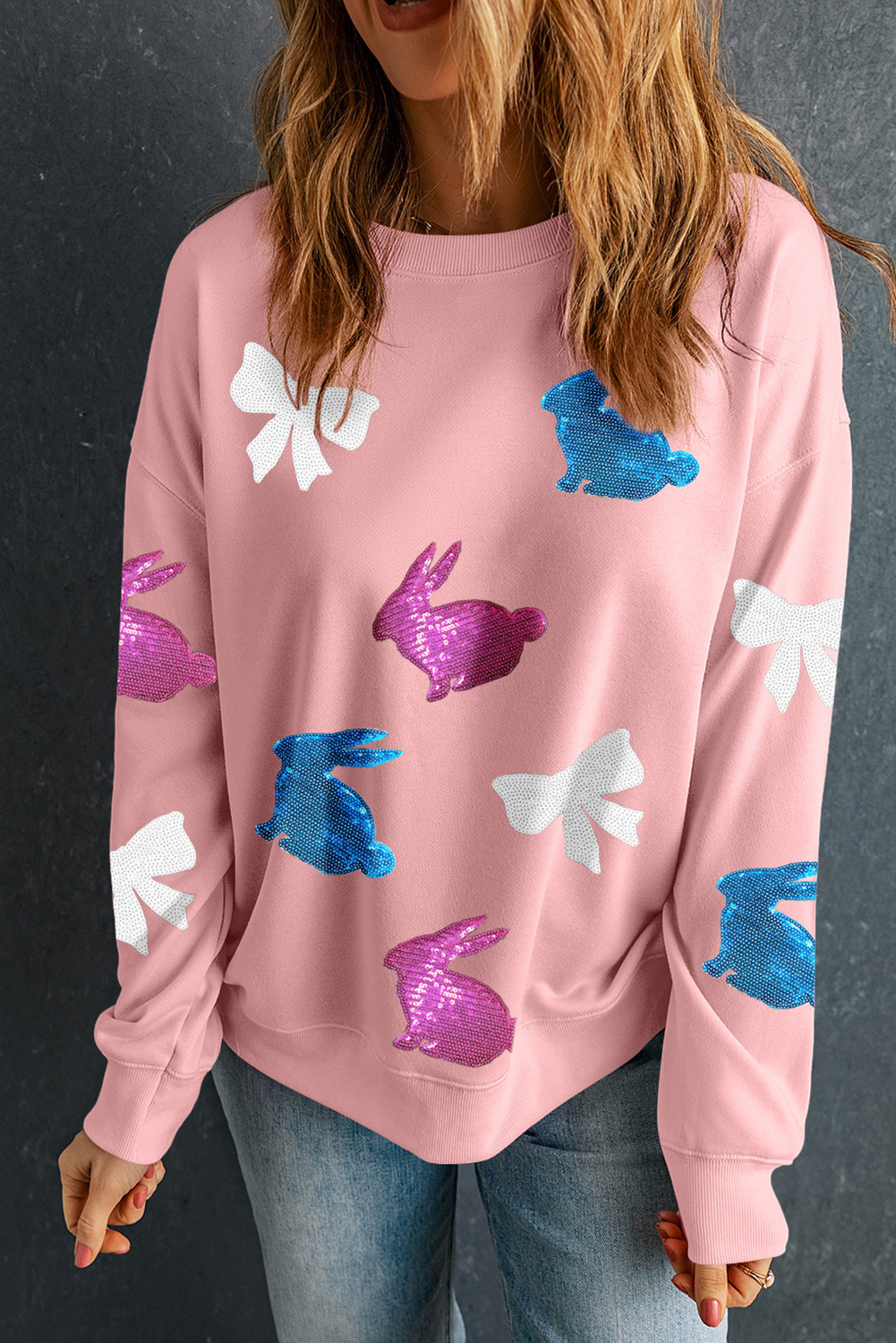 Pink Easter Bunny Bow Knot Sequined Crewneck Graphic Sweatshirt - loveforevers