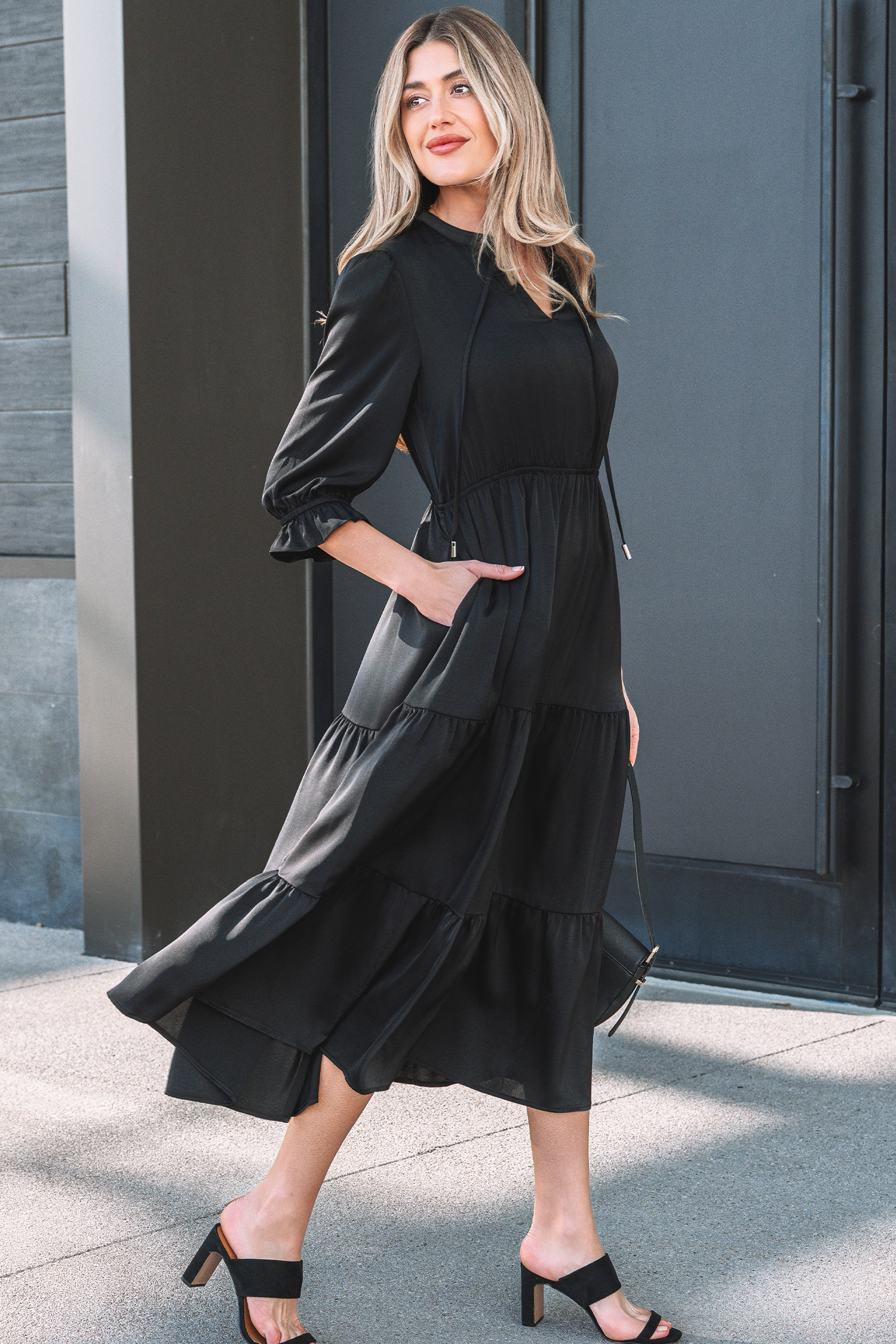 Black Flounced Bracelet Sleeve V Neck Tiered Maxi Dress - loveforevers