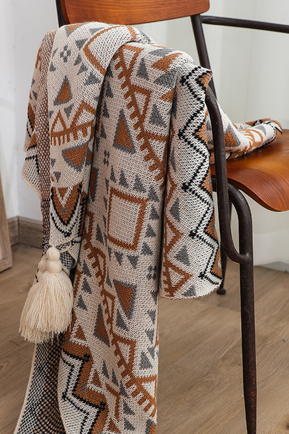 Parchment Geometric Pattern Knit Bohemian Tassel Blanket - loveforevers