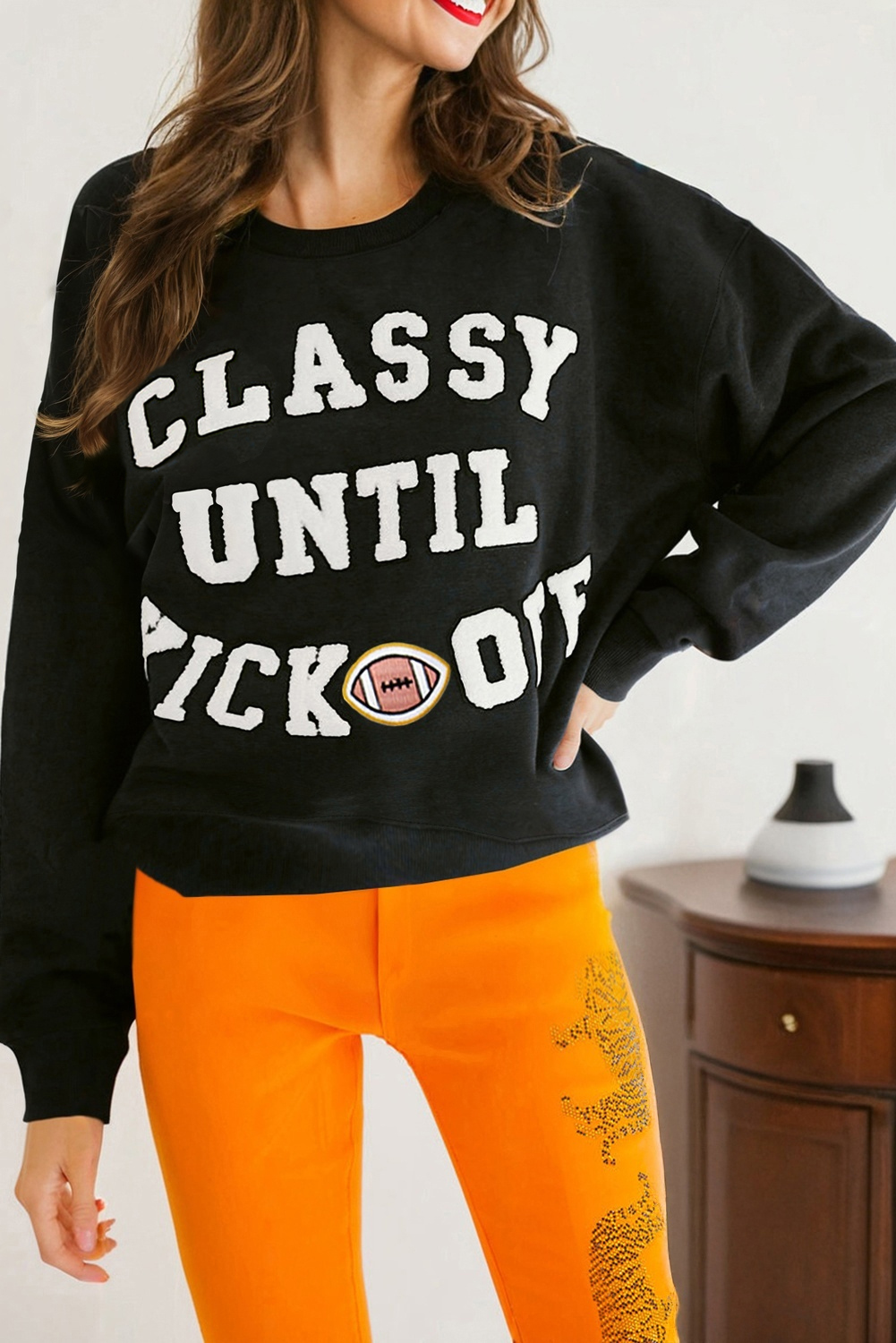 Black CLASSY UNTIL KICKOFF Plush Letter Patched Loose Sweatshirt - loveforevers