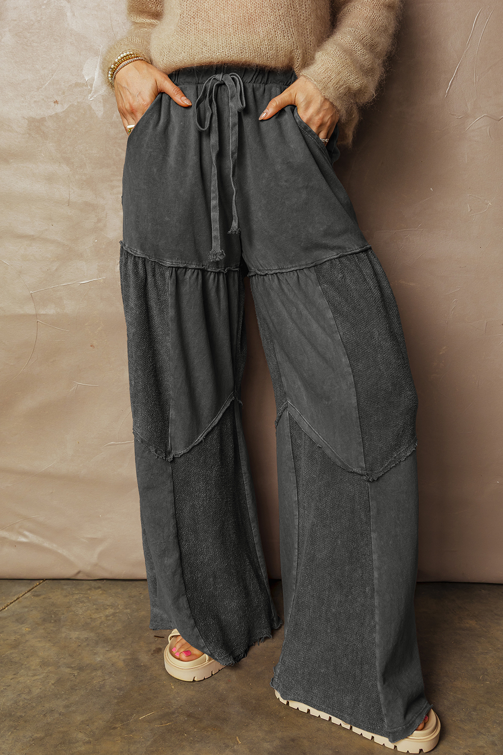 Black Mineral Wash Tiered Wide Leg Patchwork Drawstring Pants - loveforevers