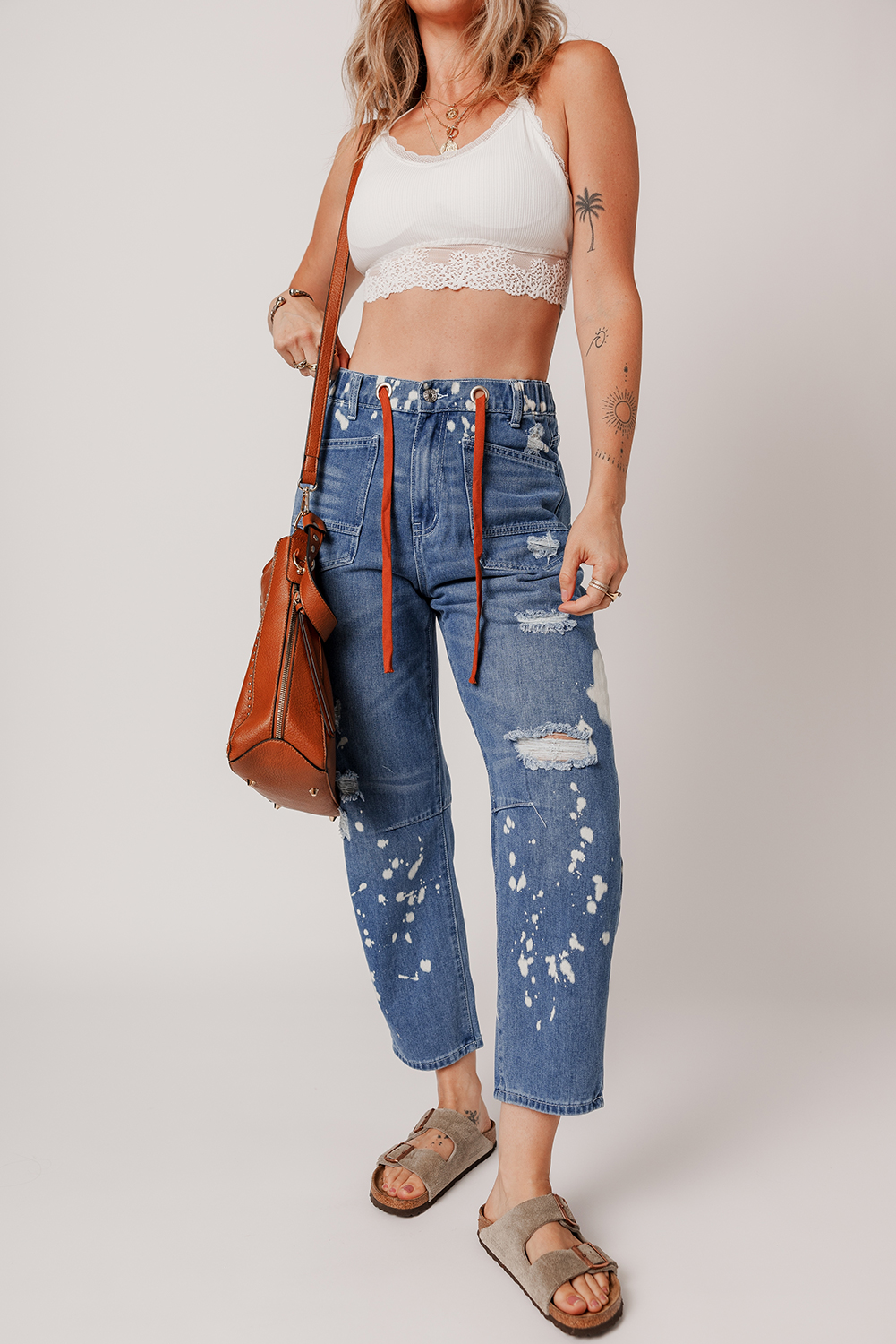 Ashleigh Blue Ripped Splattering Paint Rope Waist Cropped Straight Jeans - loveforevers