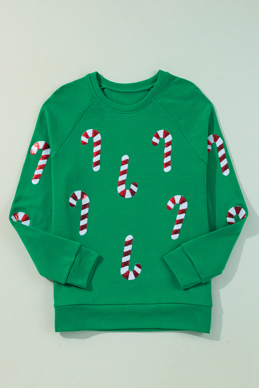Green Sequin Christmas Candy Cane Graphic Crewneck Pullover Sweatshirt - loveforevers