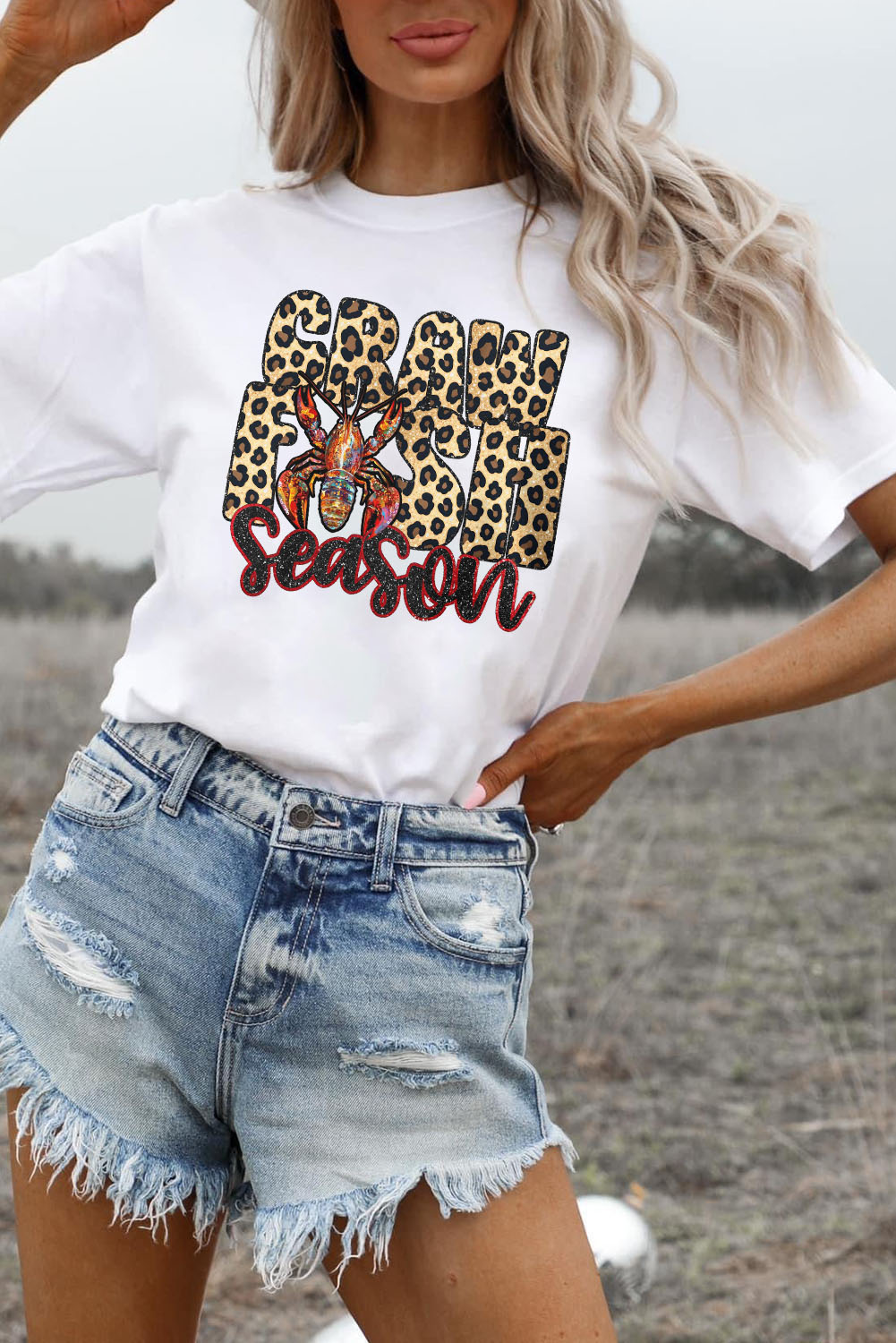White Crawfish Season Leopard Letter Graphic Tee - loveforevers