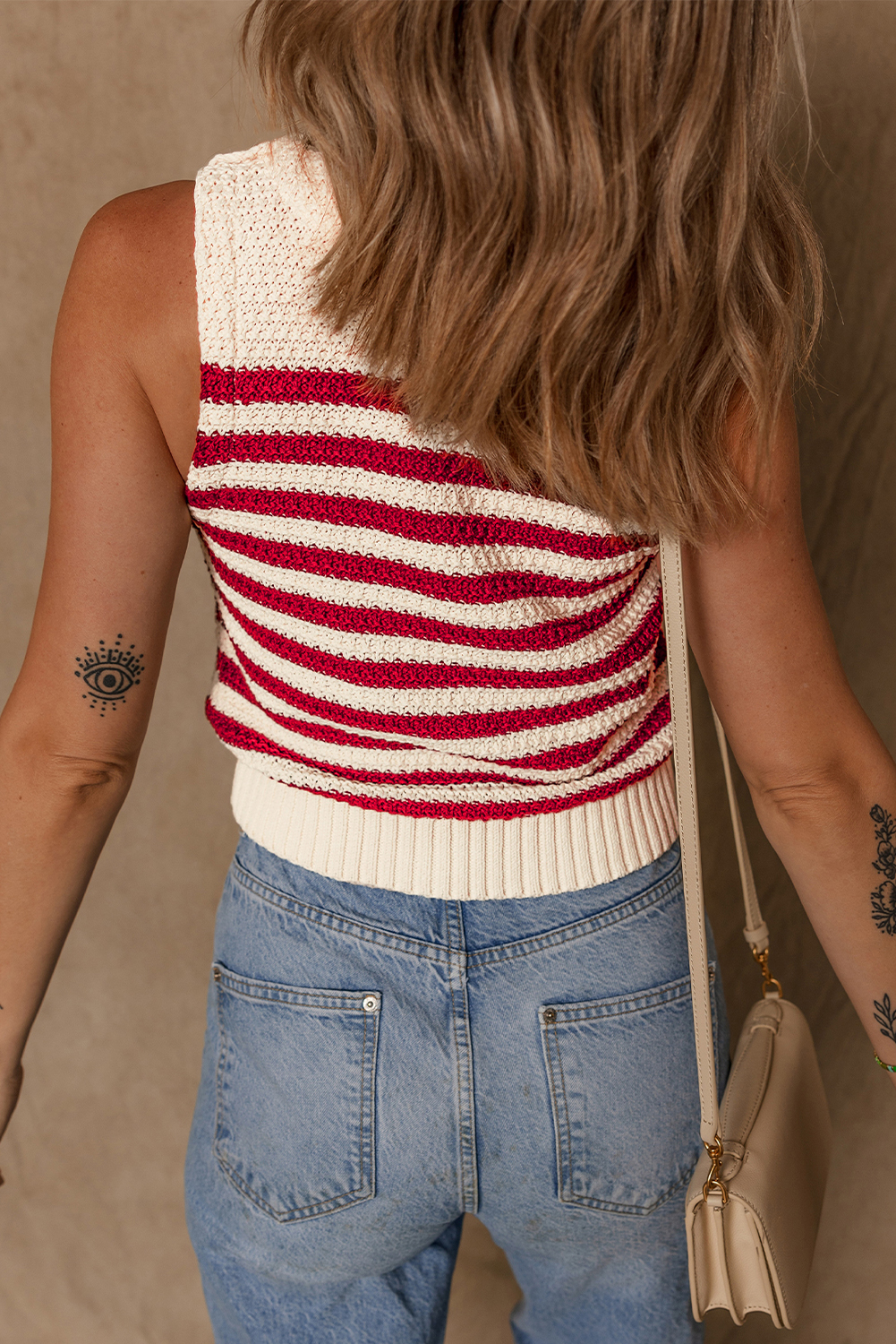 Red Stripe Textured Knit Ribbed Hem Sweater Tank Top - loveforevers