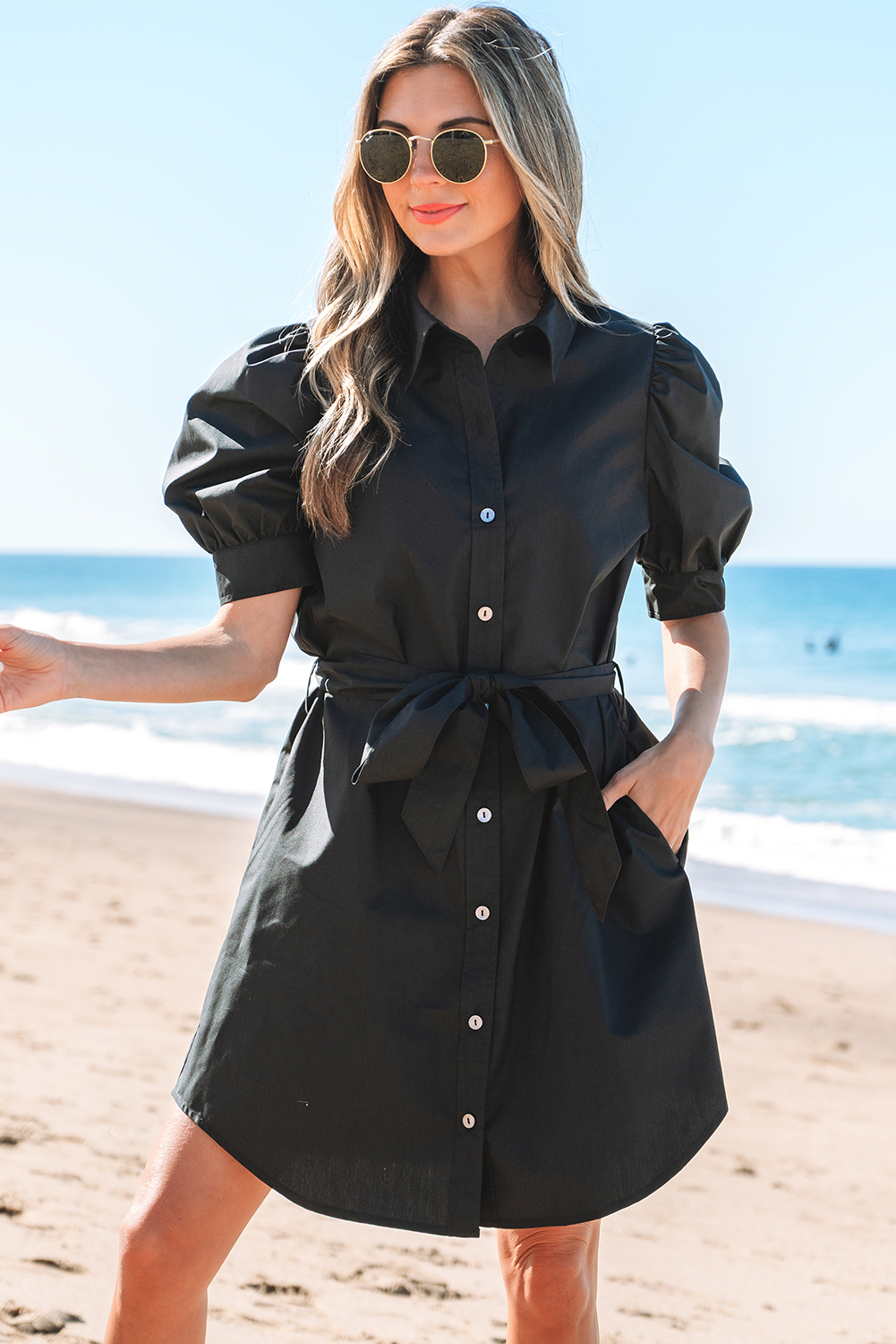 Black Button Up Tie Waist Puff Sleeve Mini Dress - loveforevers