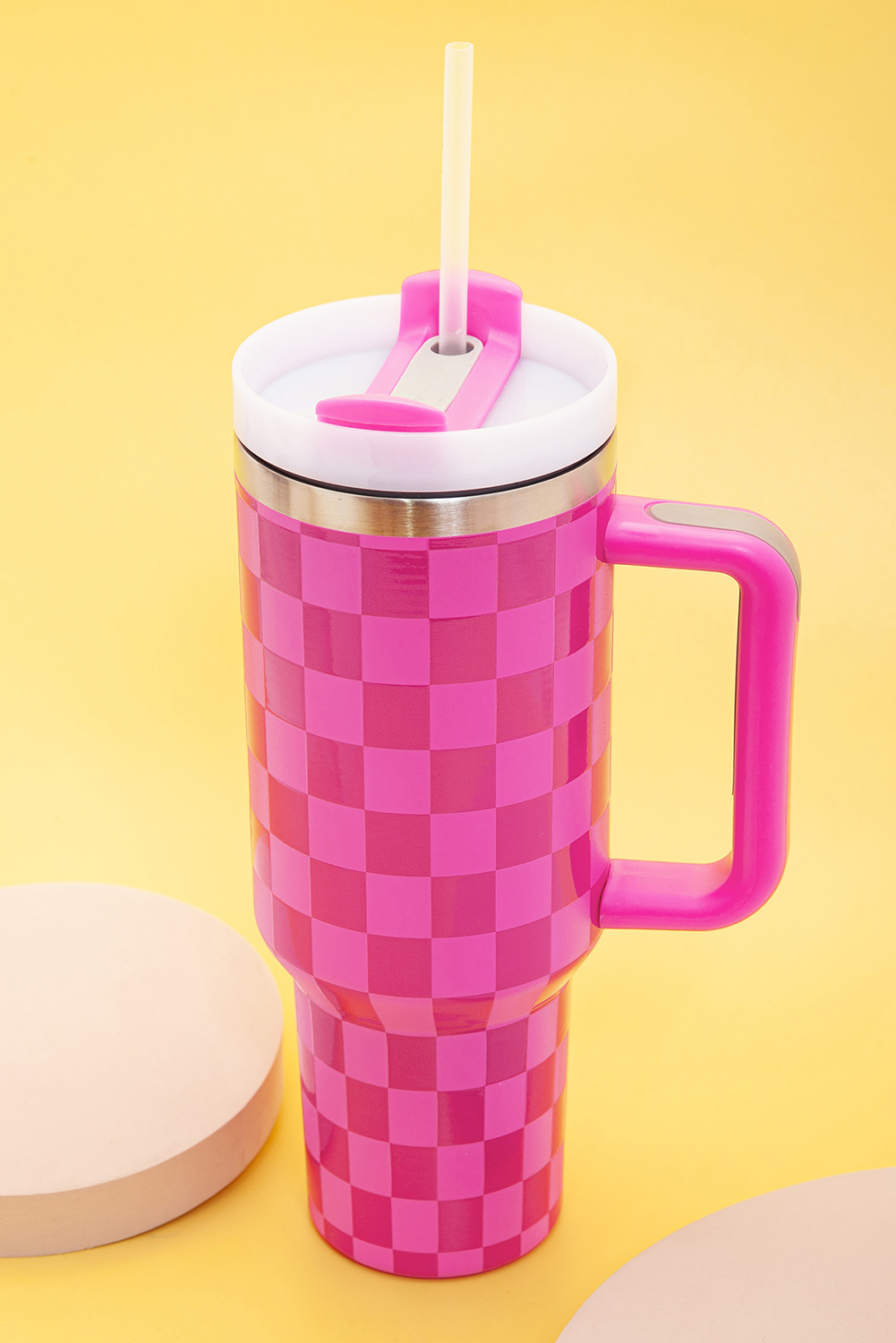 Bright Pink Checkered Print Handled Stainless Steel Tumbler Cup 40oz - loveforevers