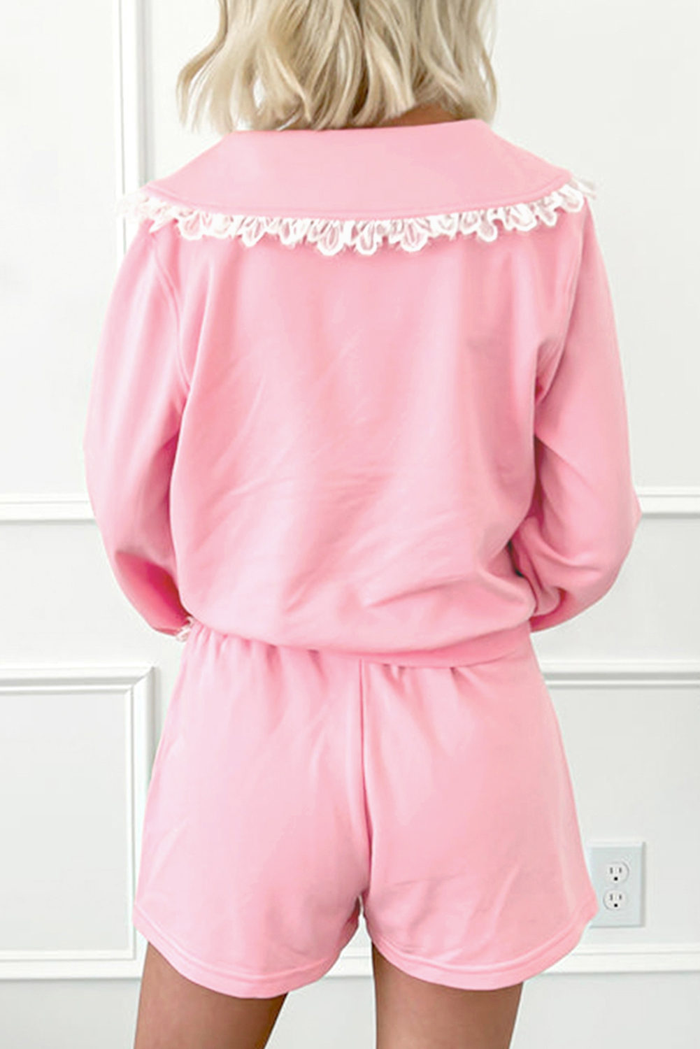 Pink Peter Pan Lace Embellished Neck Collision Sweatshirt and Skirt Two Piece Set - loveforevers