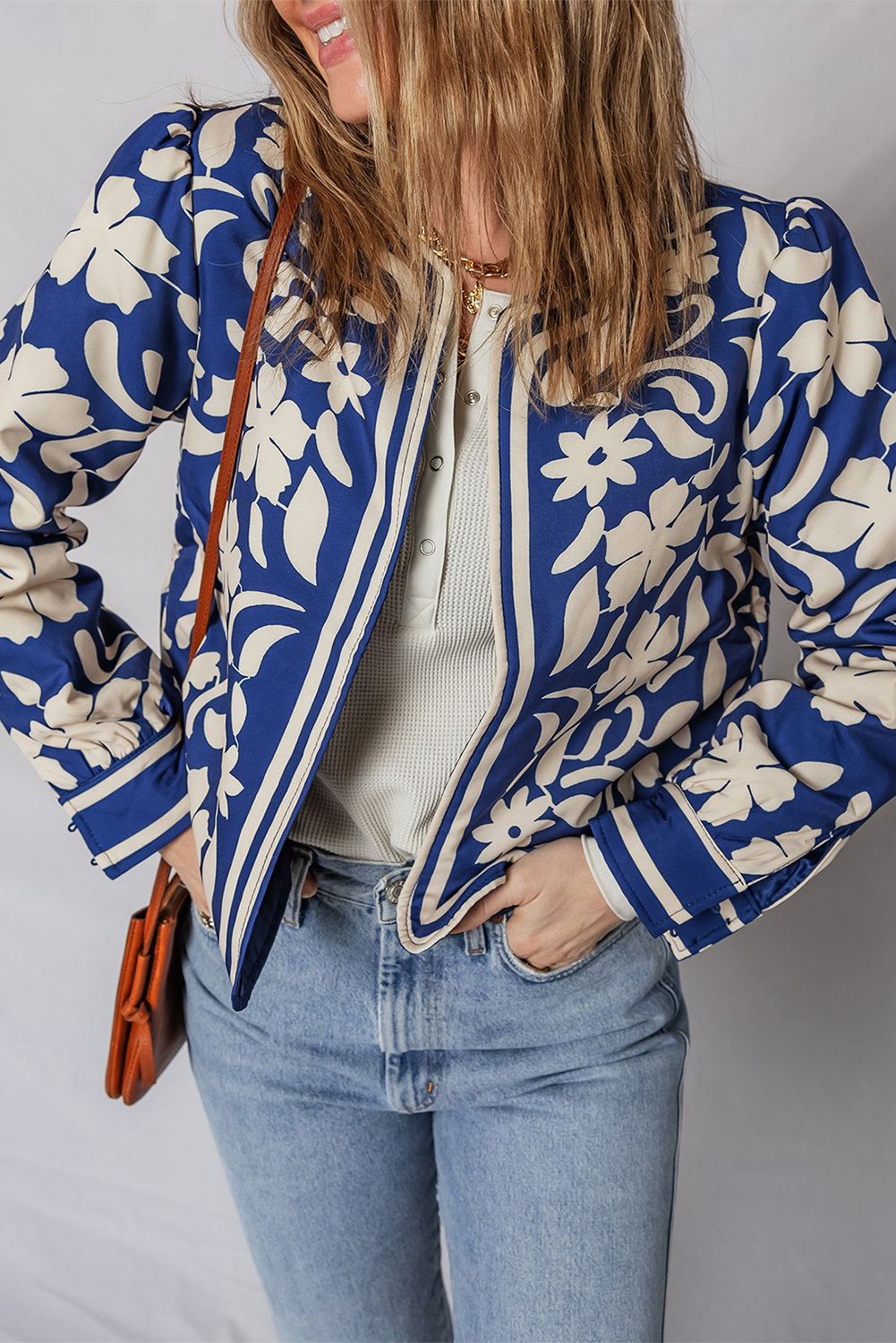 Blue Flower Print Open Front Buttoned Cuffs Elegant Jacket - loveforevers
