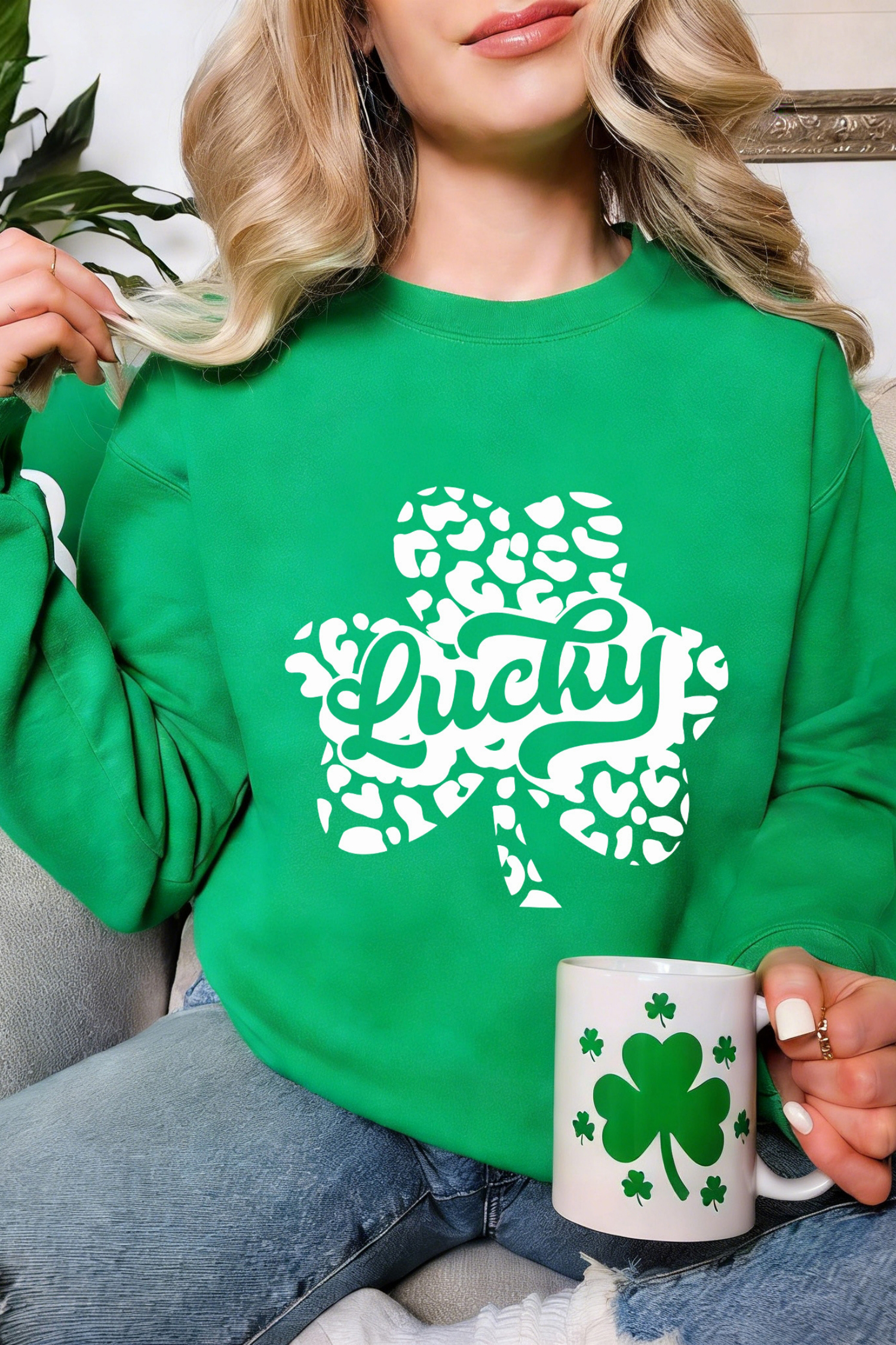 Dark Green Lucky Leopard Clover Dropped Shoulder Sweatshirt - loveforevers
