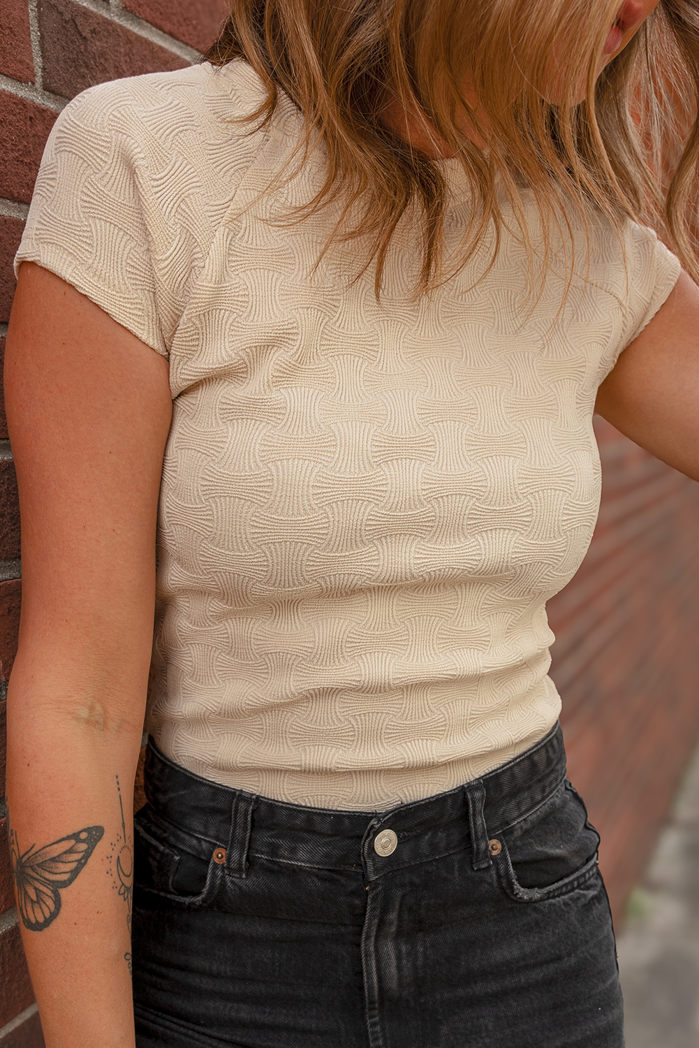 Beige Textured Crew Neck Cap Sleeve Slim Stretchy T Shirt - loveforevers