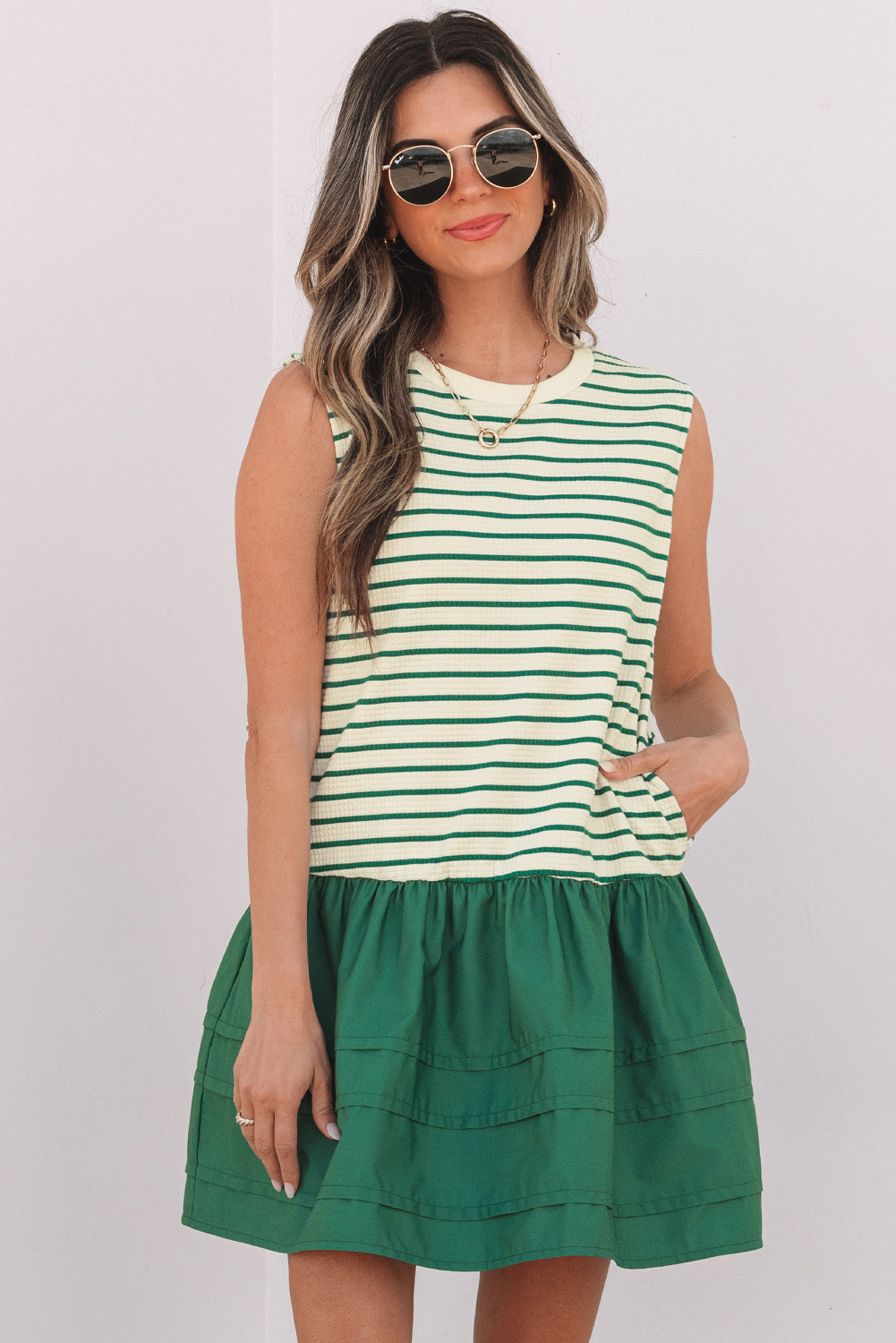Green Stripe Woven Ruffled Sleeveless Mini Dress - loveforevers