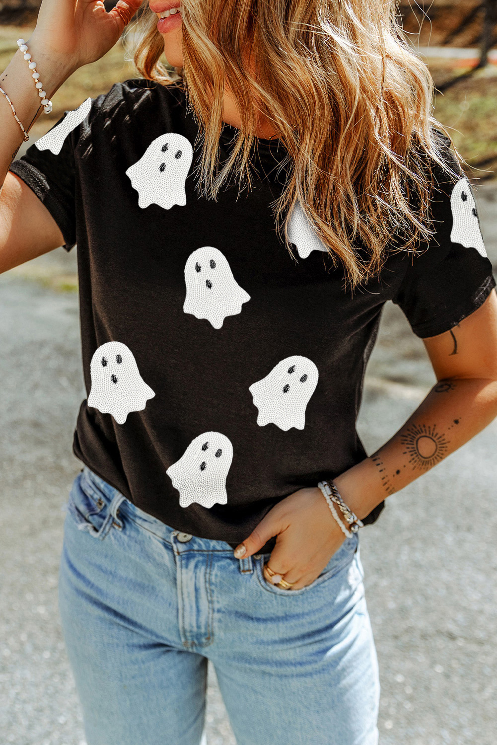 Wisteria Glitter Trim Chenille Ghost Patched Halloween Graphic Tee - loveforevers