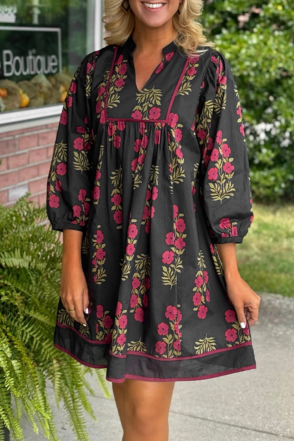 Black Floral Print Notched Neck Piping Trim Bracelet Sleeve Babydoll Dress - loveforevers