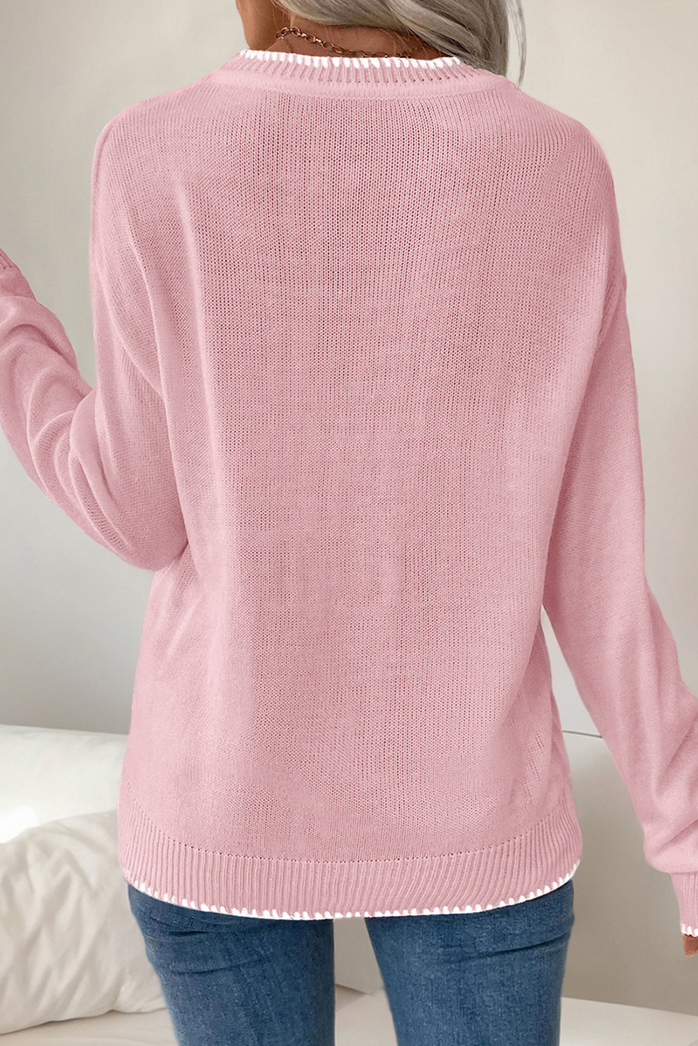 White Bow Pattern Contrast Trim Christmas Loose Graphic Sweater - loveforevers