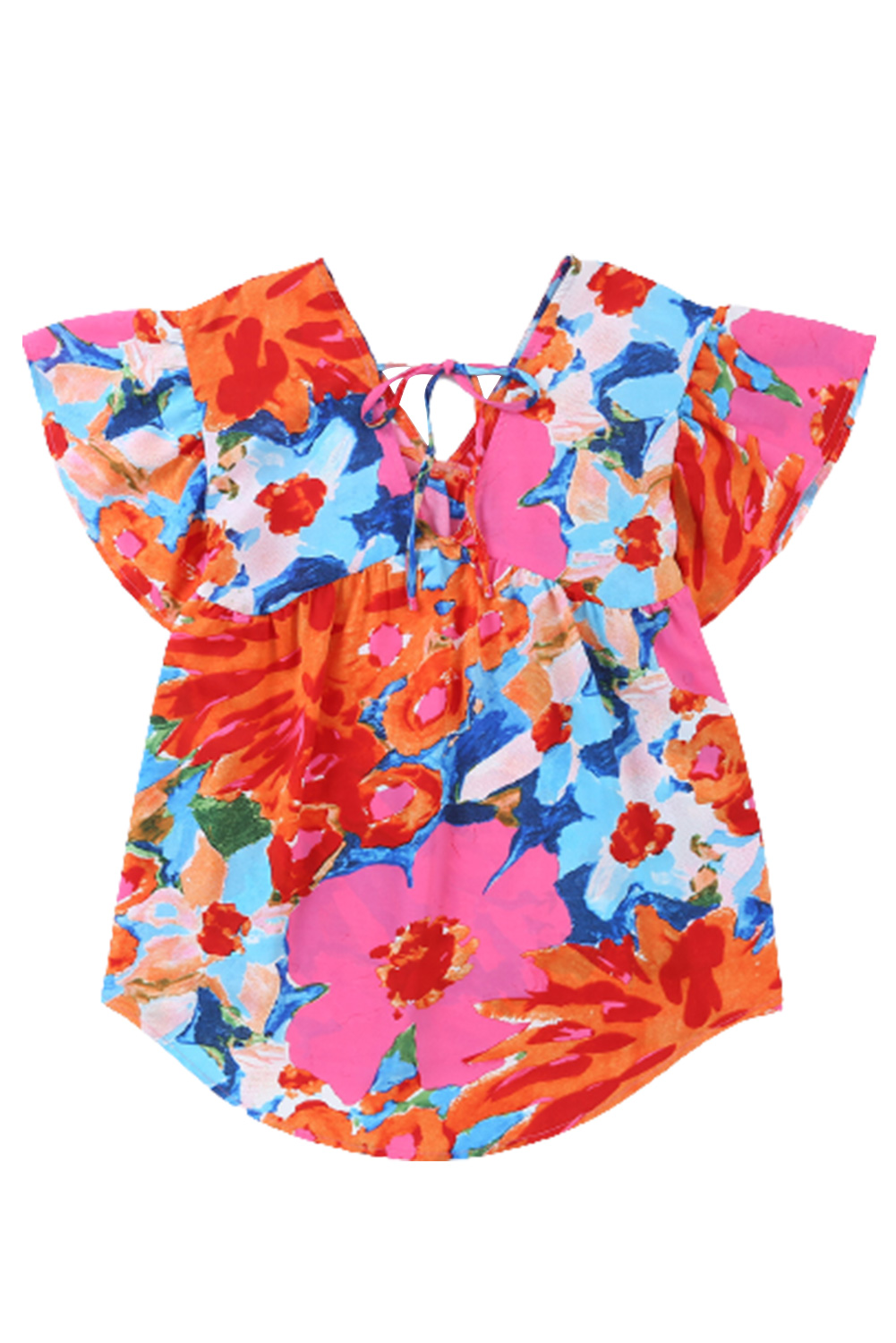 Pink Abstract Print V Neck Flutter Sleeve Blouse - loveforevers