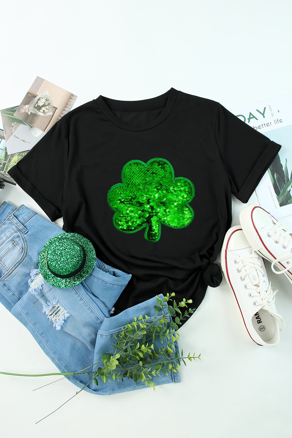 Black St. Patricks Lucky Clover Print O Neck T Shirt - loveforevers