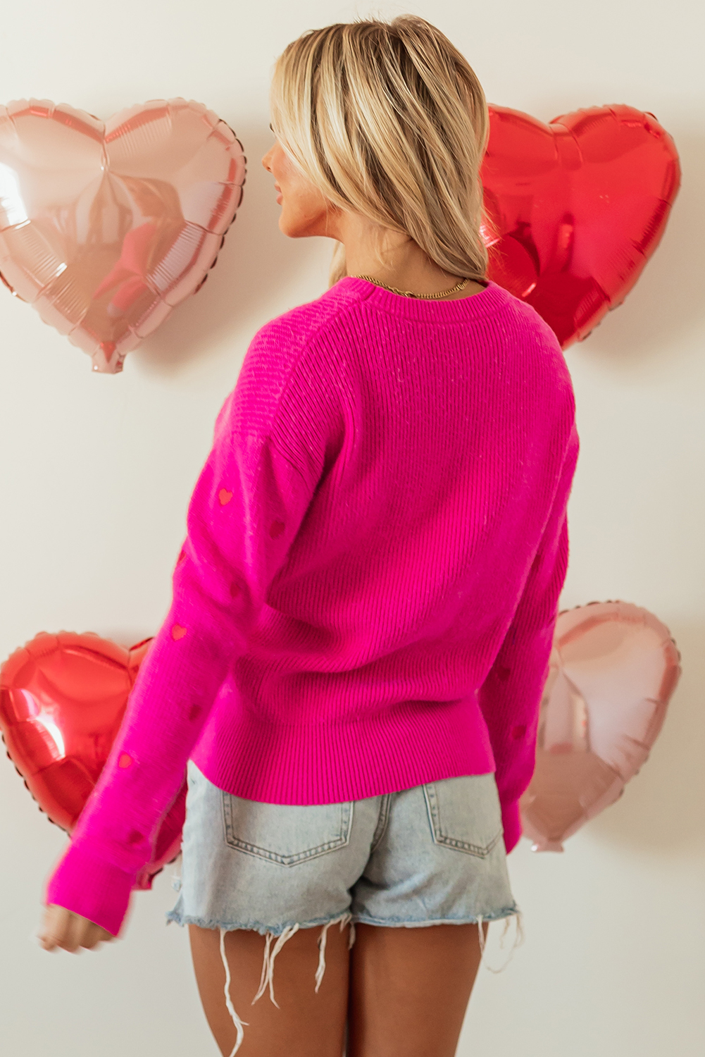 Rose Red Heart Shape Drop Shoulder Round Neck Sweater - loveforevers