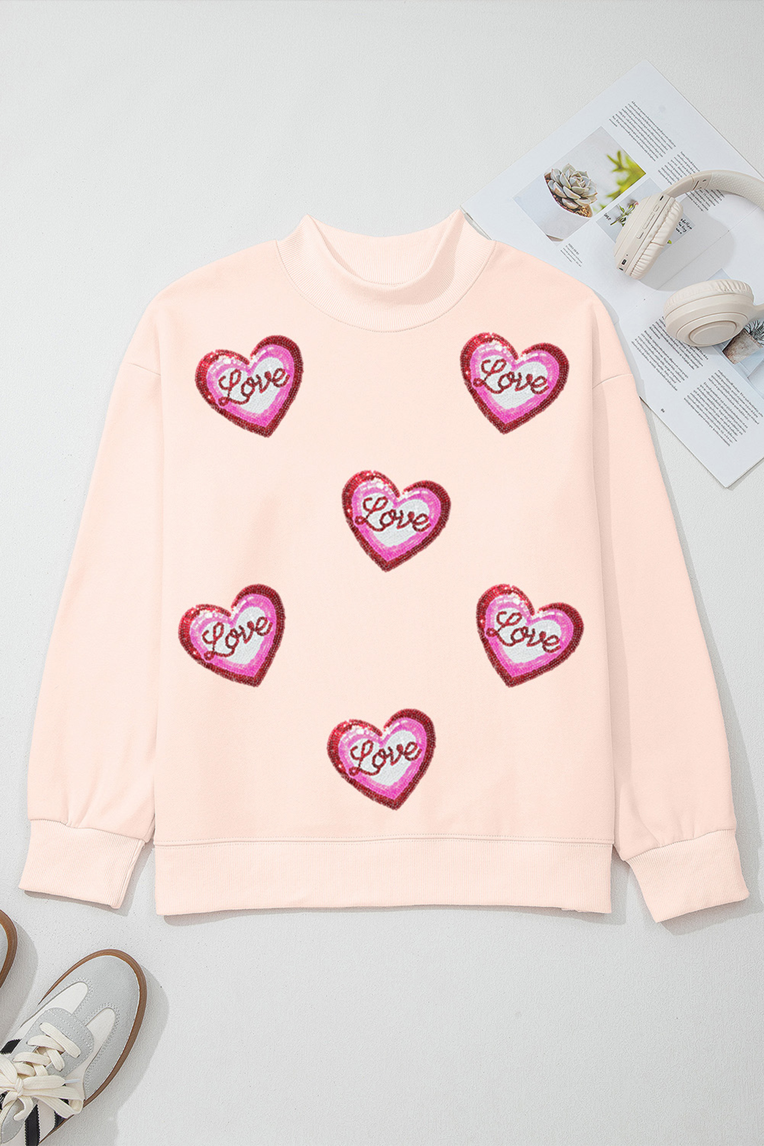 Apricot Pink Sequin Love Heart Patched Mock Neck Sweatshirt - loveforevers
