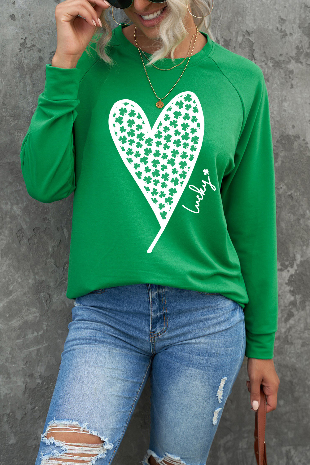 Green St. Patricks LUCKY Clover Print Raglan Sleeve Sweatshirt - loveforevers