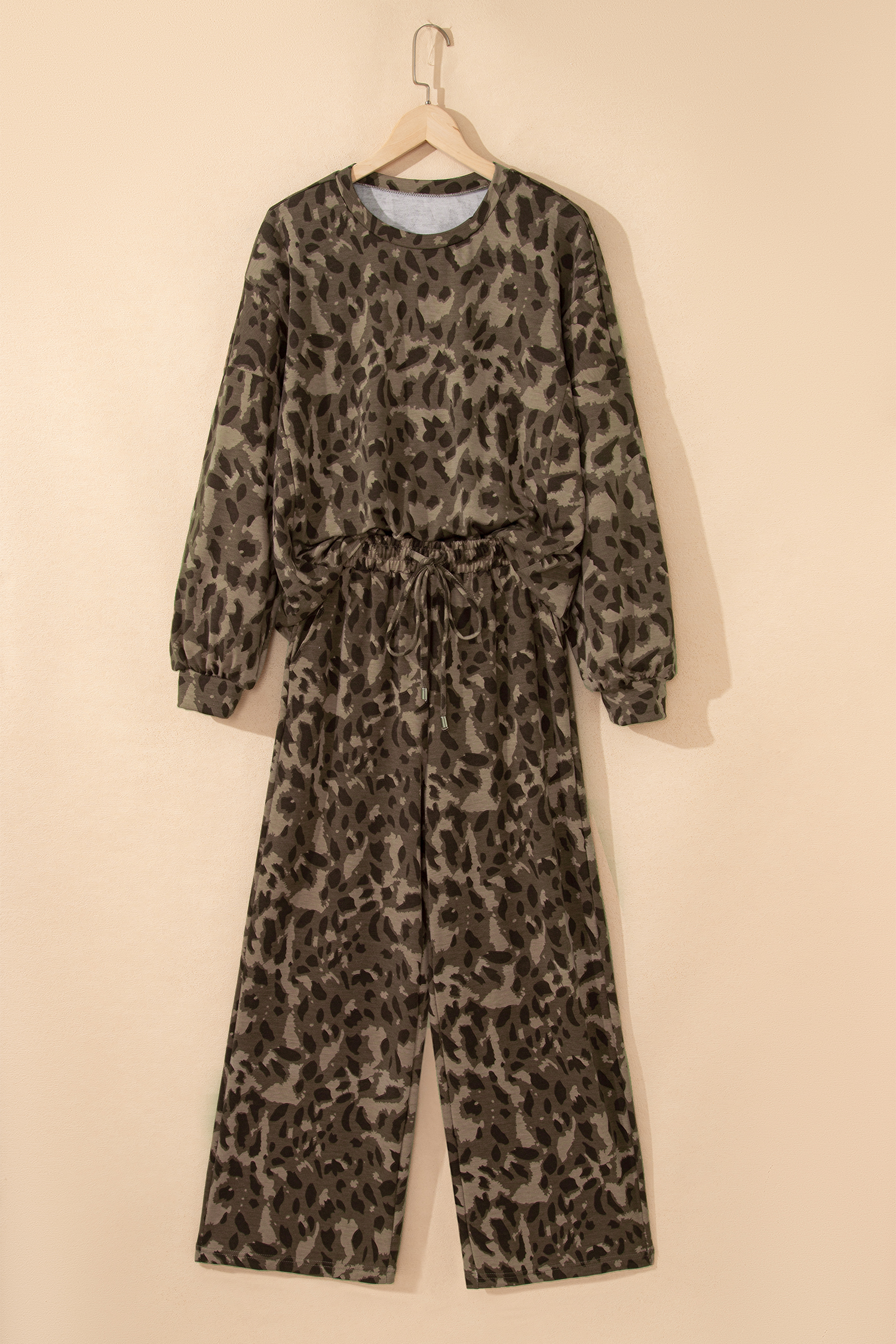 Brown Leopard Loose Tee Drawstring Waist Barrel Pants Set - loveforevers