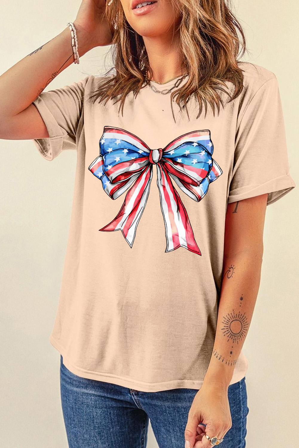 Khaki American Flag Bow Knot Print Round Neck T Shirt - loveforevers
