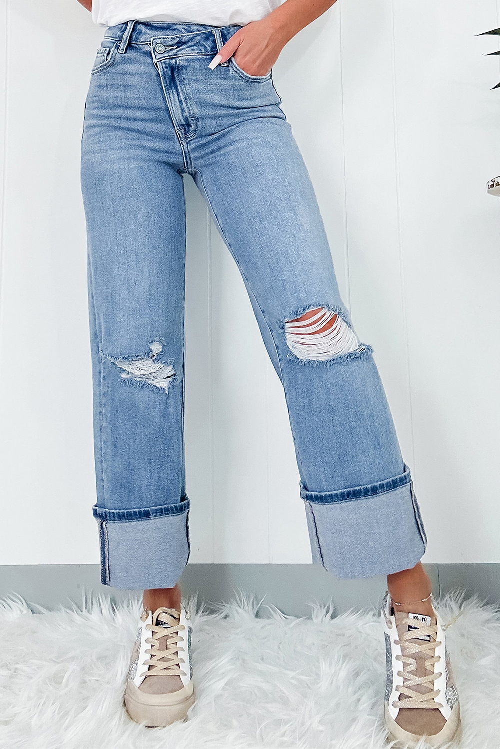 Dusk Blue High Rise Asymmetric Button Zip Fly Ripped Jeans - loveforevers