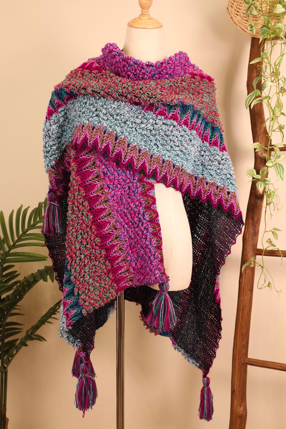 Rose Red Ethnic Knit Shawl Wrap Cape Sweater Thickened Tassel Poncho Cloak - loveforevers