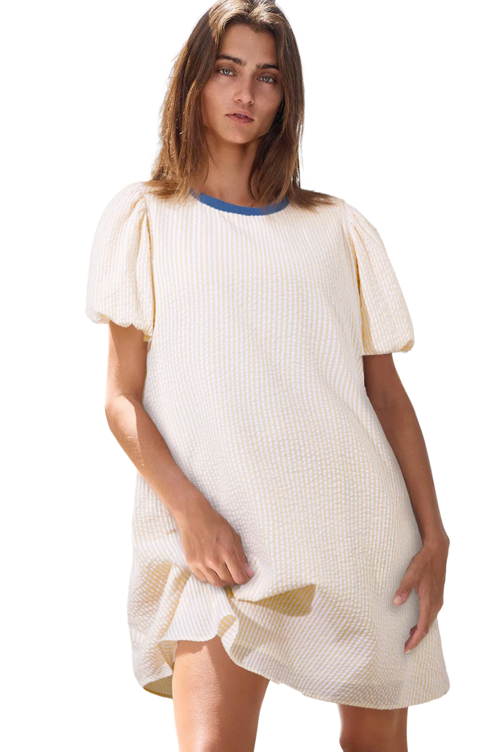 Beige Stripe Seersucker Contrast Round Neck Puff Sleeve T Shirt Dress - loveforevers
