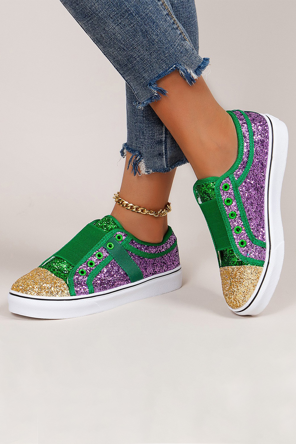 Green Sequin Color Block Slip-on Flat Shoes - loveforevers