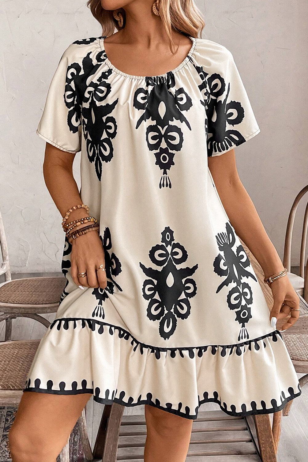 Beige Geometric Printed Sleeveless Hollowed Bowknot Back Mini Dress - loveforevers