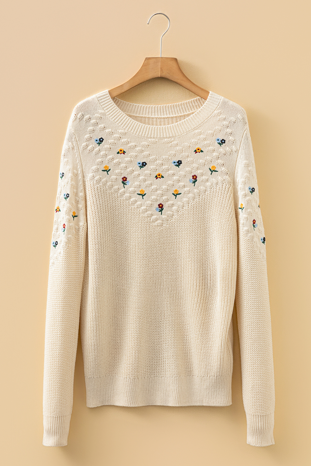 Jet Stream Mixed Texture Knit Flower Embroidered Detail Casual Sweater - loveforevers