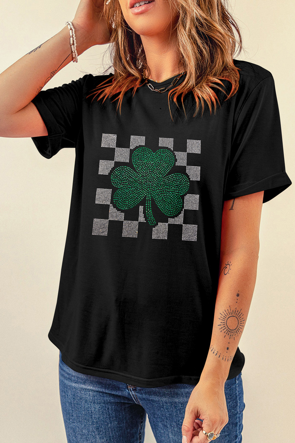 Black Clover Checkered Rhinestone Crew Neck T Shirt - loveforevers