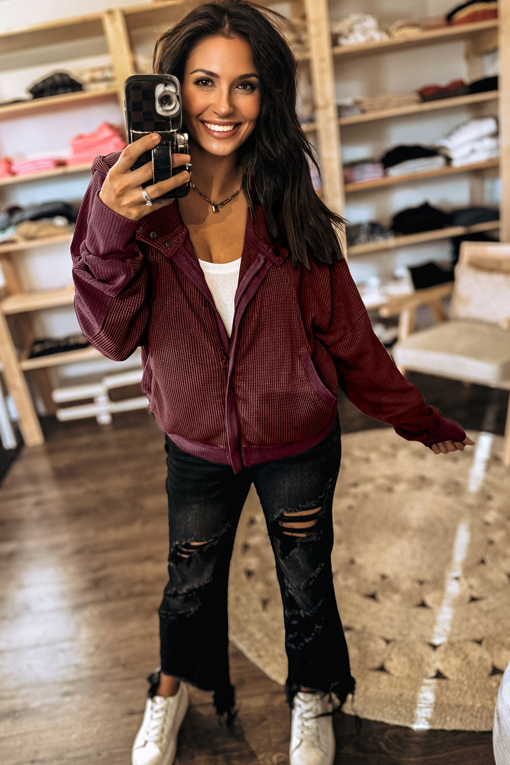 Burgundy Waffle Splicing Zip Up Front Button Hooded Jacket - loveforevers