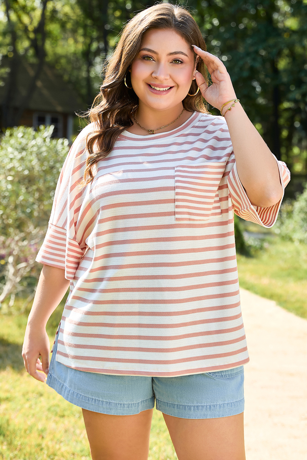 Pink Stripe Waffle Knit Pocketed Half Sleeve Plus Size T Shirt - loveforevers