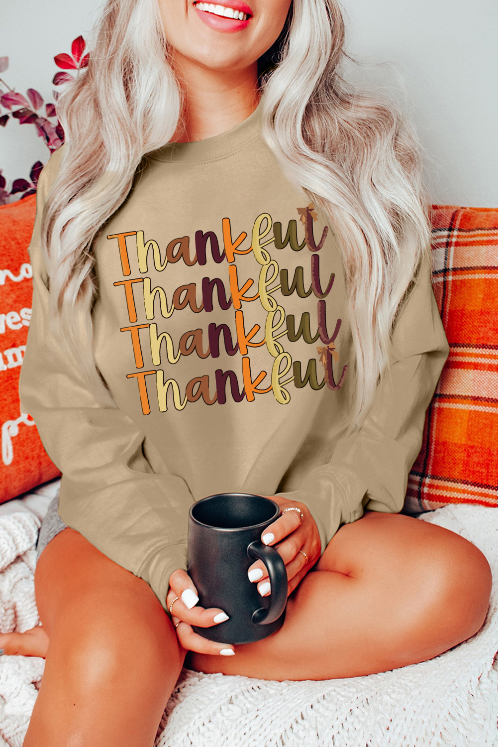 Khaki Thankful Repeated Print Drop Shoulder Casual Sweatshirt - loveforevers
