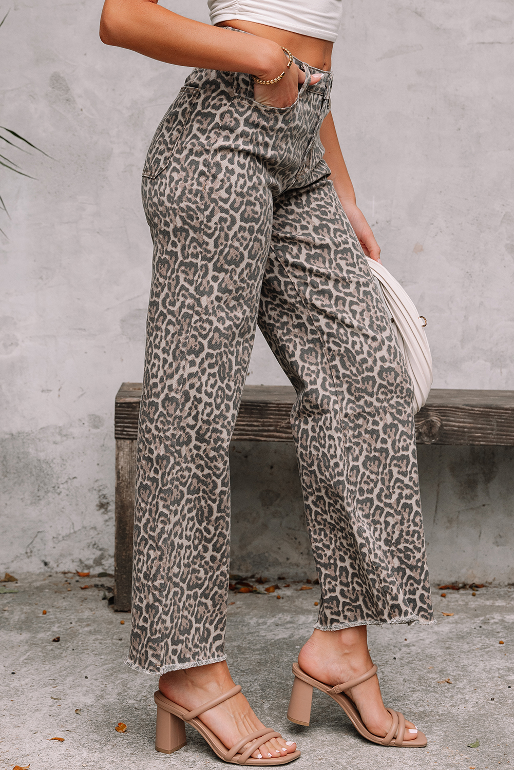 Rose Leopard Frayed Edge Wide Leg High Waist Jeans - loveforevers