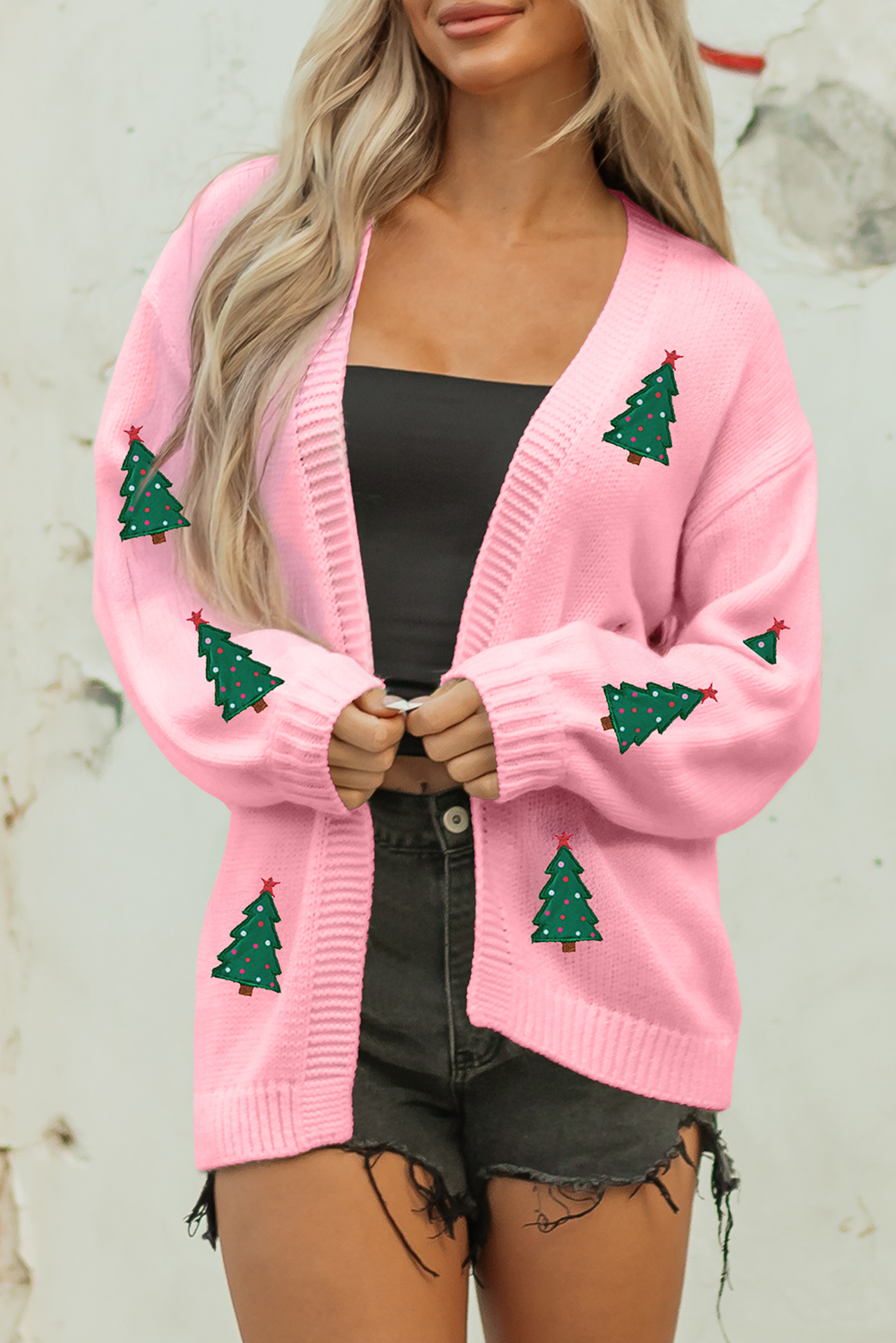 Light Pink Christmas Tree Print Open Front Drop Shoulder Midi Cardigan - loveforevers