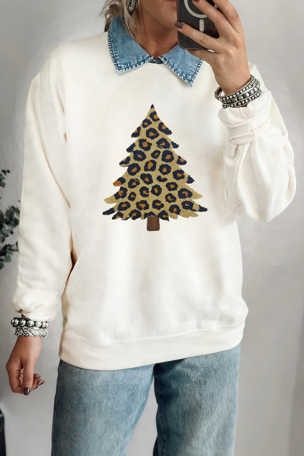 White Plush Leopard Tree Patched Drop Shoulder Sweatshirt - loveforevers