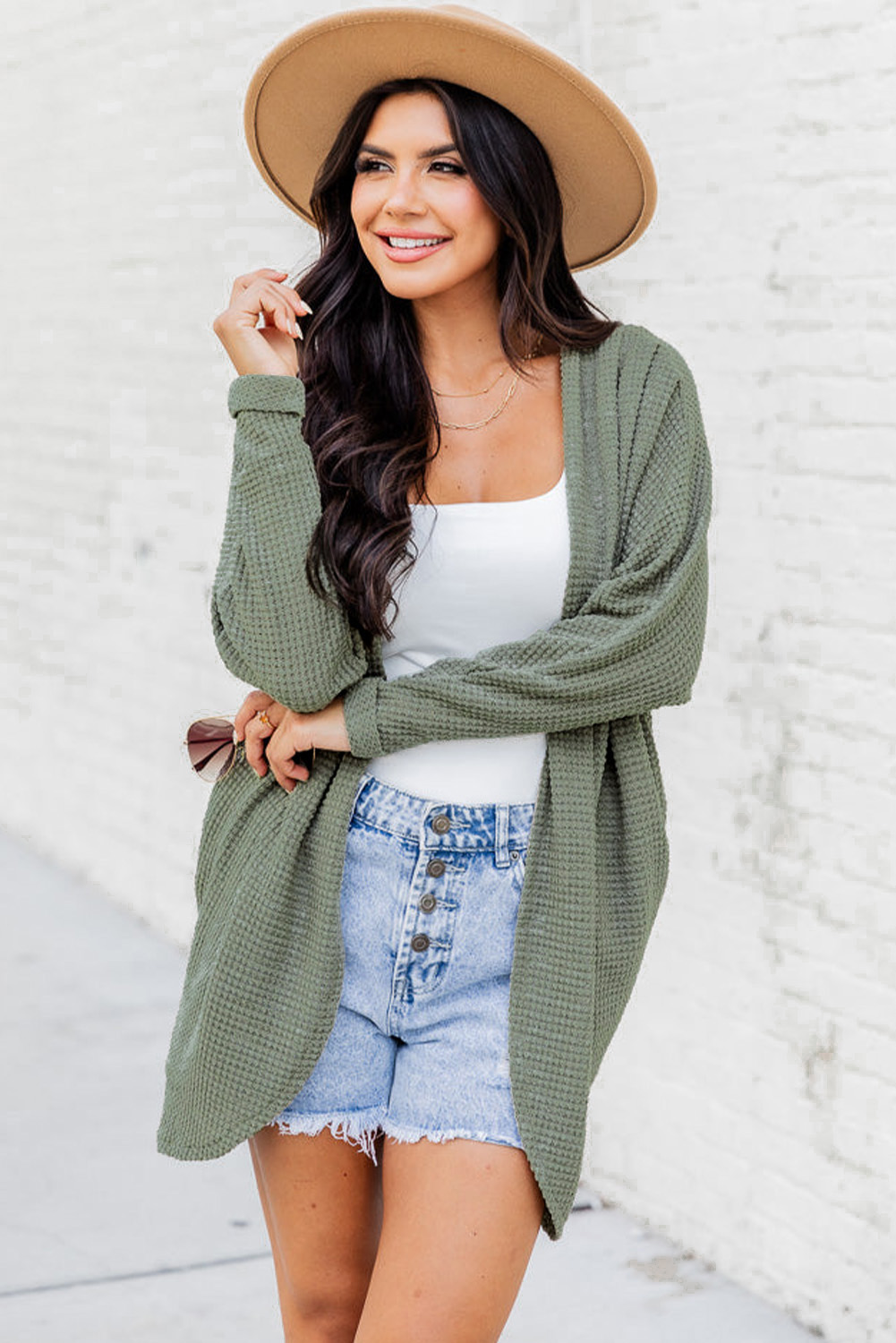 Laurel Green Waffle Knit Open Front Cardigan - loveforevers